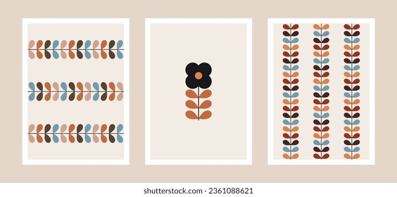 retro mid century modern poster set, boho vector illustration, minimalist design with abstract flower, geometric shapes and leaves ornament, A3 prints and backgrounds