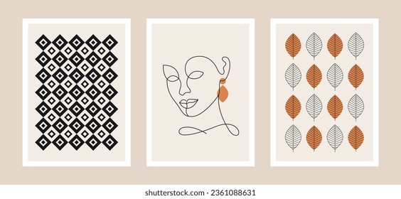 retro mid century modern poster set, boho vector illustration, minimalist design with abstract woman, geometric shapes and line art leves elements, A3 fall prints and autumn backgrounds