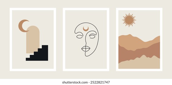 retro mid century modern poster set, abstract vector illustration, minimalist design featuring line art face portrait of a woman, boho landscape and geometric shapes composition, A3 prints and backgro