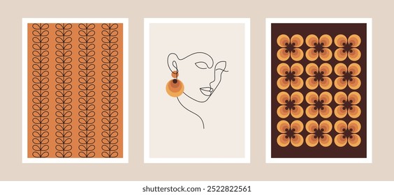 retro mid century modern poster set, abstract vector illustration, minimalist design featuring line art face portrait of a woman and geometric shapes composition, A3 prints and backgrounds 