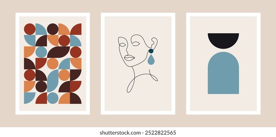 retro mid century modern poster set, abstract vector illustration, minimalist design featuring line art face portrait of a woman and geometric shapes composition, A3 prints and backgrounds 