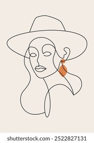 retro mid century modern poster featuring a woman in a hat, abstract vector illustration, line art face portrait of a cowgirl, minimalist design, logo style, A3 print