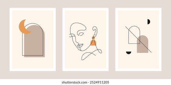 conjunto de cartazes modernos de meados do século retrô, ilustração vetorial abstrata minimalista, retrato de uma mulher, lua, formas de arte de linha e composição de formas geométricas, impressões A3 e fundos