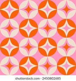 Retro mid century seamless pattern with stars and circles. Geometric seamless pattern repeat with pink and red shapes.