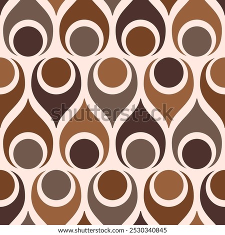 Retro midcentury Atomic teardrops circles brown Vector pattern. Atomic Era style bold retro geometrics mosaic in monochrome brown seamless pattern.