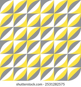 Retro midcentury diagonal leaves mosaic yellow grey Vector Pattern. Retro geometric petals checkered optical seamless pattern.