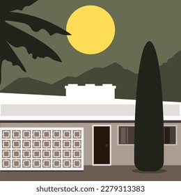 Retro mid-century modern building and landscape flat design