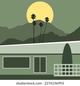 Retro mid-century modern design landscape with sunset