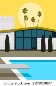 Retro mid-century modern home and backyard with pool