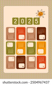 Retro mid-century modern style Atomic Era designed 2025 Year Calendar, months in colorful blocks, orange, mustard yellow, moss green, brown, beige and patterned border on cream background.