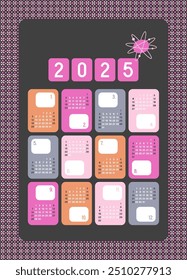 Retro estilo moderno de meados do século Atômica era projetado 2025 calendário de anos, meses em blocos coloridos, laranja, rosa pastel, rosa, cinza e borda padronizada no fundo preto.