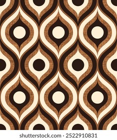 Retro midcentury textured brown ogee oval Vector pattern. Retro 70s ogee and circles geometrics brown, black and cream fabric texture.