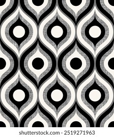 Retro midcentury textured ogee ovals black white Vector pattern. Black  white Retro 70s ogee and circles geometrics with grey fabric texture.