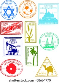 Retro Middle Eastern Countries Set of Passport Stamps Vector Illustration