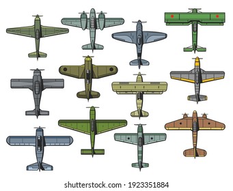Retro military and civil airplanes isolated vector set. Air force vintage fighter, bomber and transport aircraft. Old monoplane and biplane propeller aeroplanes, army and passenger aviation airplanes