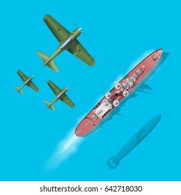Retro military objects set with airplane, ship, submarine. Isolated vector illustration.