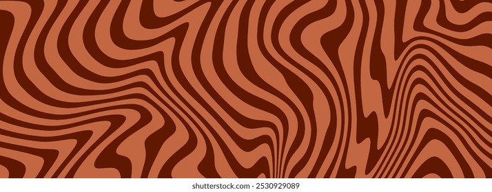 Retro milk coffee color background. Dark chocolate liquid dessert texture. Wavy swirl candy pattern for poster, cover, banner. Vintage brown trippy hippie wallpaper in 60s, 70s or 70s style. Vector