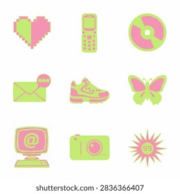 Retro millennium objects in lime and pink