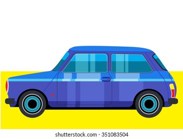 Retro mini blue car vector on yellow background