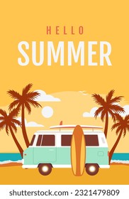 Retro mini van with a surfboard on the tropical beach vector illustration. Summer seaside landscape with palms design background. Book cover, wall art, travel poster, social media