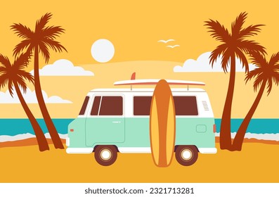 Camión retro con tabla de surf en la ilustración de un vector de playa. El paisaje marino de verano con palmeras. Concepto de vacaciones