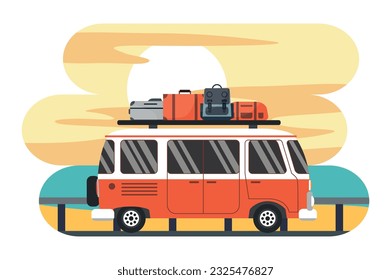 Retro mini van. Travel, camping, summer, road, beach.