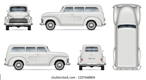 Retro mini van vector mockup for vehicle branding, advertising, corporate identity. Isolated template of realistic old truck on white background. All elements in the groups on separate layers