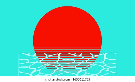 Retro minimal aesthetic sunset and beach wave ripples illustration background, bright two tone summer vibe flat design