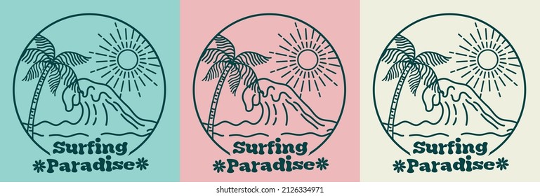 Retro minimal beach sun ocean waves and palm tree illustration print with slogan for graphic tee t shirt or sticker poster - Vector