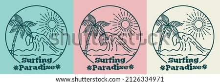 Retro minimal beach sun ocean waves and palm tree illustration print with slogan for graphic tee t shirt or sticker poster - Vector