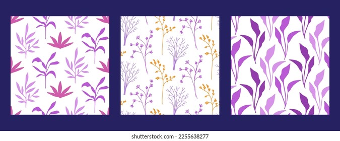 Colección de patrones sin soldadura retro minimal de follaje. Elegantes ramas vintage dan forma a un interminable fondo botánico Set. Impresión de hojas modernas de mediados de siglo