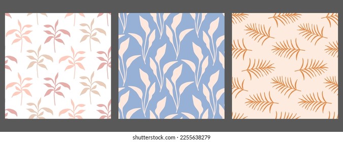 Retro Minimal Foliage Seamless Pattern Collection. Elegant vintage branches shapes endless botanical background Set. Mid Century Modern Leaves Print