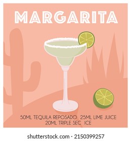 Retro minimal poster of Margarita cocktail recipe with salt and lime. Tropical mexican agave plant and cactus shadow on the background. Classic alcoholic beverage. Vintage print. Vector illustration.