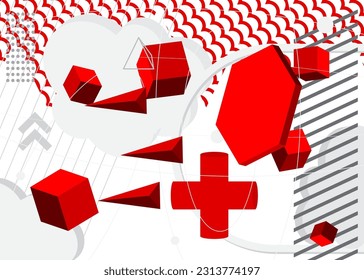 Retro minimal red and white abstract geometric poster. Vintage busy geometrical graphic shapes template.