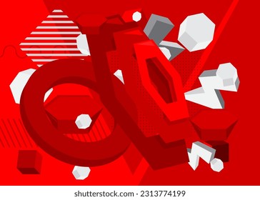 Retro minimal red and white abstract geometric poster. Vintage busy geometrical graphic shapes template.