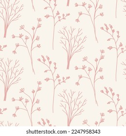 Retro Minimal Wild Herb Seamless Pattern. Elegant vintage branches shapes, endless botanical background. Mid Century Modern Floral Print