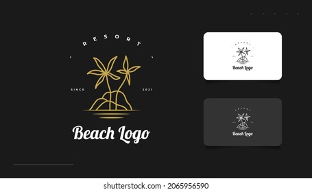 Retro and Minimalist Beach Logo Design with Palm Tree in Line Style. Abstract Summer or Vacation Badge and Emblem. Island Logo Design