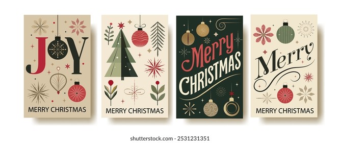 Conjunto de tarjetas de Navidad minimalista retro: diseño festivo de Vector con adornos, árboles y tipografía alegre en rojo, verde, beige y oro. Perfecto para saludos de Festiva, invitaciones y decoración de temporada