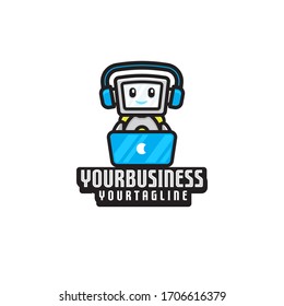 Retro minimalist eSport mascot robot with laptop and headphone logo design template vector
