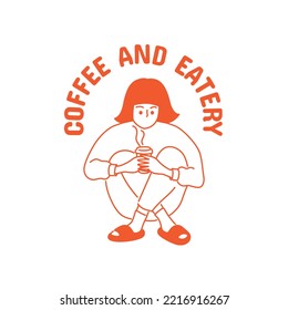 Retro Minimalist Line Art Mascot Coffee Shop with Japanese style Logo