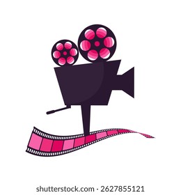 Retro minimalist movie camera with bright filmstrip. Movie camera icon. Vector illustration