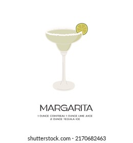 Retro minimalist poster of Margarita cocktail recipe. with salt and lime. Tropical mexican drink with alcohol in martini glass on white background. Classic alcoholic beverage. Vector flat illustration