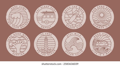 Retro minimalist summer surf badge with line illustration, text. Cute surfing camp sticker, t short, card design vector template.