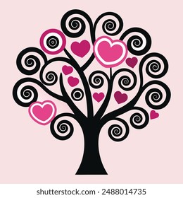 Retro minimalist tree with hearts and birds in black, white, and pink shades, digital art