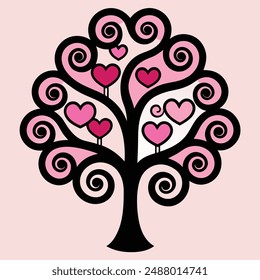 Retro minimalist tree with hearts and birds in black, white, and pink shades, digital art