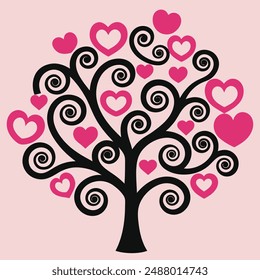 Retro minimalist tree with hearts and birds in black, white, and pink shades, digital art