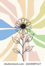 Retro minimalistic sunflower in line art background