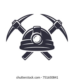 Retro mining logo with hard hat helmet and two crossed pickaxes. Stylish monochrome vector illustration.