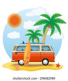 retro minivan with a surfboard on the beach vector illustration isolated on white background