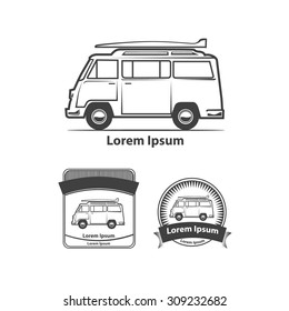 retro minivan with surfboard, profile view, for logo, simple illustration, design elements